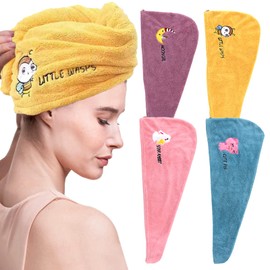 Pack of 4 Microfibre Towel Hair Quick Drying Hair Towel in 4 Colours with Button, Super Absorbent Hair Turban Towel for Women and Girls, Quick Drying Salon Travel Bath Head Wrap (Animals)