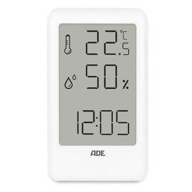 ADE Digital Hygrometer & Thermometer, Indoor Moisture Meter with Time, Digital Clock with Temperature and Humidity, for Office, Children's Room, Bedroom, Bathroom, Portrait Format, White