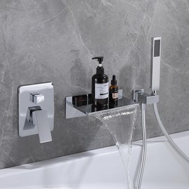 COXOVAY Wall Mounted Bathtub Faucet with Handheld Shower Waterfall Bathroom Single Handle Tub Filler Shower Faucet Set Bathtub Faucets with Handheld Sprayer, Chrome Polished