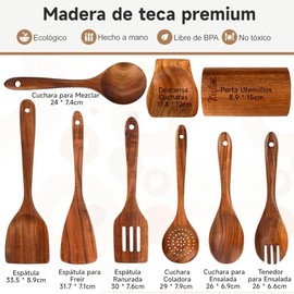 Juego de Utensilios de Cocina de Madera de Teca,9 Piezas con Cucharas Cocina, Palas de Cocina, Reposacucharas y Soporte, Cucharas de Madera Cmodas... 
