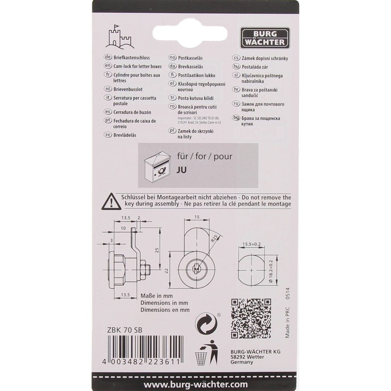 Burg Wächter ZBK BK 70 SB Cylinder for Letterboxes Steel,