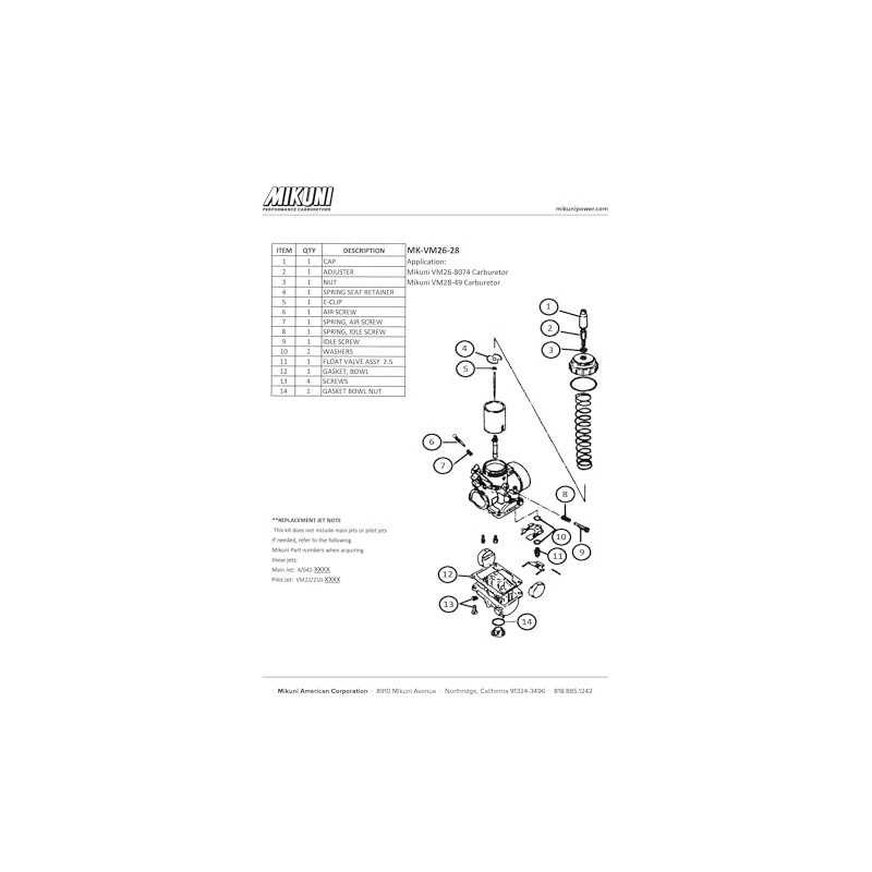 Mikuni Carburetor Rebuild Kit for Mikuni VM26-8074 and VM28-49 Carburetors
