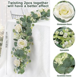 wintfarm 2Pcs 12FT Artificial Eucalyptus Flower Garland with Fake Rose Flower Vine Seeded Eucalyptus Leaves,Garlands for Home Decoration Wedding Arch Flowers Wedding Party Table Decor (White)