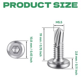 HXJDAM Pack of 60 Self-Tapping Screws, 410 Stainless Steel Flat Head Allen Screws Drilling Screws, M5.5 x 25 mm Tapping Screws, Silver, with Hexagon Socket Drill