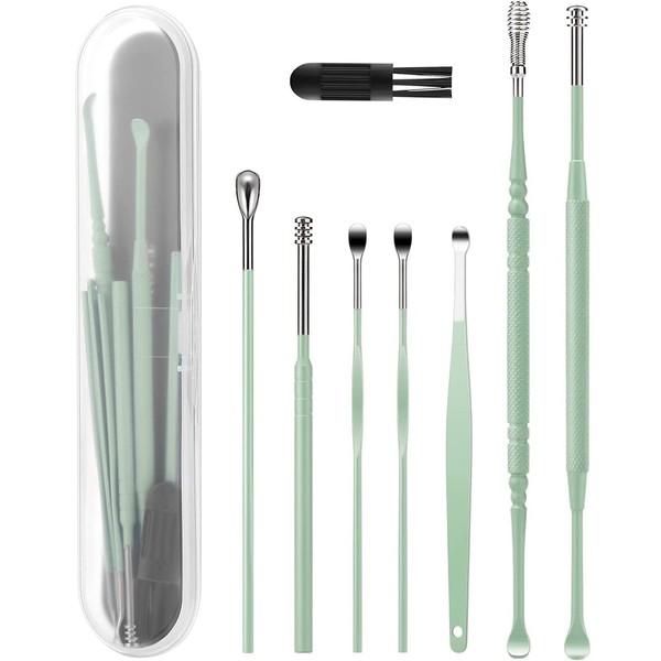 8 Pcs Ear Pick Earwax Removal Kit, Ear Curette Ear Wax Remover Tool with a Cleaning Brush and Storage Box (Green)