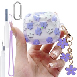 Purple Floral Case for AirPods 3st Generation Case Cover Clear, 5 in 1 Kit Cute Flower Pendant Full Protective TPU Skin for AirPods 3 Case for Girl Women Transparent 2021, Cleaning Pen, Wrist Strap