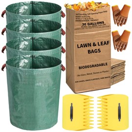 Lawn and Leaf Bags Kit with 10 PCS 30 Gallon Large Kraft Paper Bags and 4 PCS 132 Gallon Reusable Heavy Duty Garden Bag and Leaf Scoops | 2-Ply Large Kraft Paper Bags | Waste Bag for Home and Garden