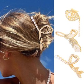 Formery Fishtail Hair Claws Gold Pearl Shell Hair Clips Rhinestone Feather Hair Accessories for Women (3pcs)