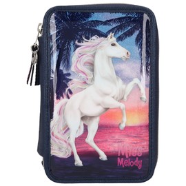 Depesche 10583 Miss Melody - Filled 3-Compartment Pencil Case with Horse Motif, Dark Blue Pencil Case Approx. 7.5 x 13 x 20 cm, with Felt and Coloured Pencils, Ruler, Scissors, Glue, etc.