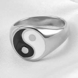 Jude Jewelers Stainless Steel Round Signet Shape Chinese Taiji Yin-Yang Feng Shui Cocktail Party Biker Ring (Silver, 4)