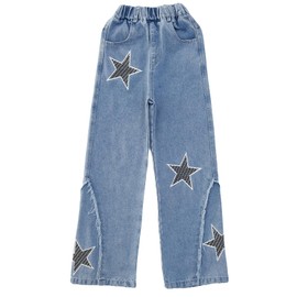 AOWKULAE Girls Star Print Baggy Jeans Stretch Waist Wide-Leg Jeans, A3-Blue Star, 6-7 Years = Tag 130