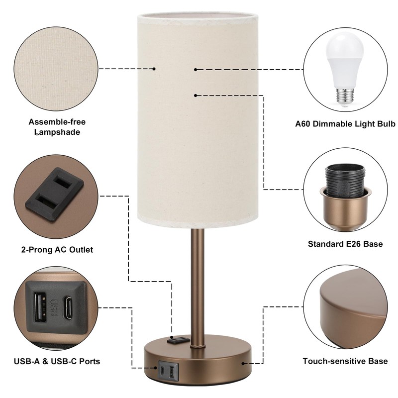 Fenmzee Touch Table Lamp - Beige, 3-Way Dimmable, USB A