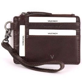 VILENCA HOLLAND Genuine Italian Leather Card Holder Wallet for Women- Sleek & Minimalist, RFID Protected, ID Window, Side zipper pocket with detachable Wristlet (Chestnut)