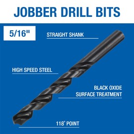 Champion Cutting Tool General Purpose Drill Bits for Metal and Wood (5/16 Inch) - 12 PCS - 118 Degree Point, High Speed Steel Straight Shank Drill Bits with Black Oxide Finish