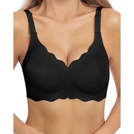 HORISUN Bras for Women No Underwire V Neck Scalloped Wireless Bralettes with Soft Support Comfort Full Coverage Seamless Bra (Black,XL)