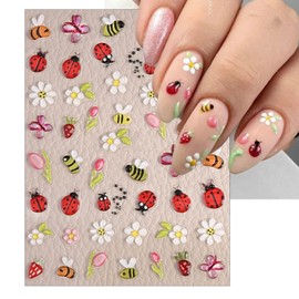 IDDFEVE Embossed Ladybug Nail Art Stickers - 5D Bees and Flower Insect Nail Decals for DIY Spring Summer Flower Manicure (2 Sheets)