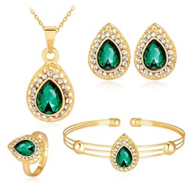 QKEPCY Jewellery Set Earring/Necklace/Bracelet/Ring for Women and Girls Water Drop Shape Pendant Necklace Earrings Bracelet and Rings Set Suitable for Women Wedding Prom Party (Green)