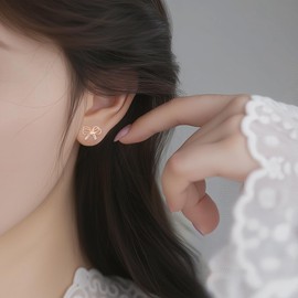 Reffeer Solid 925 Sterling Silver Bow Stud Earrings for Women Teens Ribbon Stud Earrings Bowknot (C-Rose Gold)