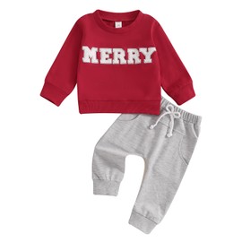 MAHUAOYIXI Toddler Boys Christmas Outfits Letter Embroidery Long Sleeve Crew Neck Sweatshirts with Elastic Waist Sweatshirt Pants 2Pcs Tracksuit Baby Boys Christmas Clothes (Red, 6-12 Months)