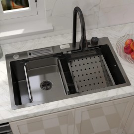 Unbranded 30" Waterfall Kitchen Sink with Faucet Stainless Steel Single Bowl Black Basin - Black, 30 Inch