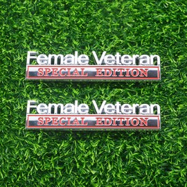 2 Pcs Female Veteran Special Edition Emblems 3D Metal Letters Fender Side Bumper Badge Exterior Women Stickers, Military Decals Fit for Vehicle, Truck, SUV, Door Decoration (Silver Red)