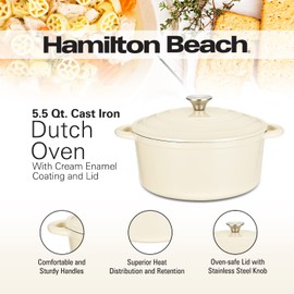 Hamilton Beach Enameled Cast Iron Dutch Oven 5.5-Quart Cream, Cream Enamel Dutch Oven Pot with Lid, Cast Iron Dutch Oven with Even Heat Distribution, Safe Up to 400 Degrees, Durable