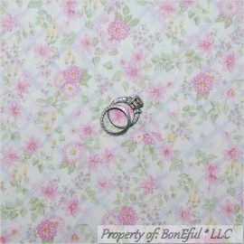 Signature BonEful FABRIC FQ Cotton Quilt VTG White Pink Green Leaf Flower Garden Easter US
