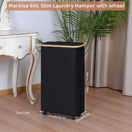 Merkisa Slim Laundry Basket with Wheels,Narrow Hampers for Laundry,Freestanding Laundry Hamper with Lid&Bamboo Handles,Collapsible & Waterproof Tall Cloth Hamper for Dorm Family(60L Black)