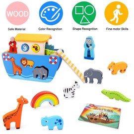 KMTJT Toddlers Wooden Noah's Ark Toy Animal Playset, Baptism Gifts for 1 2 3 Boys Girls, Shape Sorter Early Learning Montessori Toys with Bible Story Book for 12 18 24 Months Babies