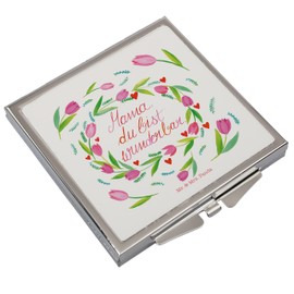 Mr. & Mrs. Panda Handtaschenspiegel quadratisch Mama Tulpen - Geschenk, Dekoration, Schminkspiegel, positive Botschaft, Mom, Naturliebhaber, silber,