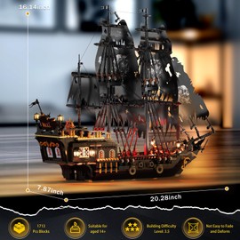 Brihappen Pirate Ship Model Building Set for Adults Boys Girls, Black Pearl Ship Model with Light, Sail Boat Construction Toys, Collectible Display Home Office Decor, Birthday Gifts（1713 Pieces）