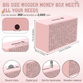 Wooden Cash Savings Box with Counter, Vault Bank for $10000 $5000 $3000 $1000 $800 $500 Target Money Challenge, Reusable Money Box with Dry Erase Pen/Savings Trackers/Rubber Band-Pink