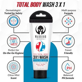 WARRIOR - WIN YOUR BATTLES- 3 in 1 Body Wash For Men & Women, Travel Size Body Wash, Shampoo, Shaving Lather with Citrus Mint Scent Liquid Soap Body Wash for Military & Camping Enthusiasts (3.0 FL OZ)