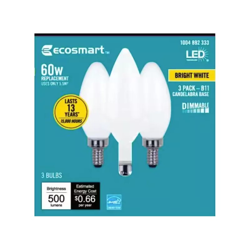 Eco-Smart (3) ECOSMART B11 Candelabra Light Bulbs LED Dimmable 5.5