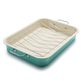 GreenLife 16.5” x 12” Healthy Ceramic Nonstick Roasting Pan with Stainless Steel Roaster Rack, PFAS-Free, PFOA-Free, Dishwasher Safe, Oven Safe, Easy Pouring Rims, Turquoise
