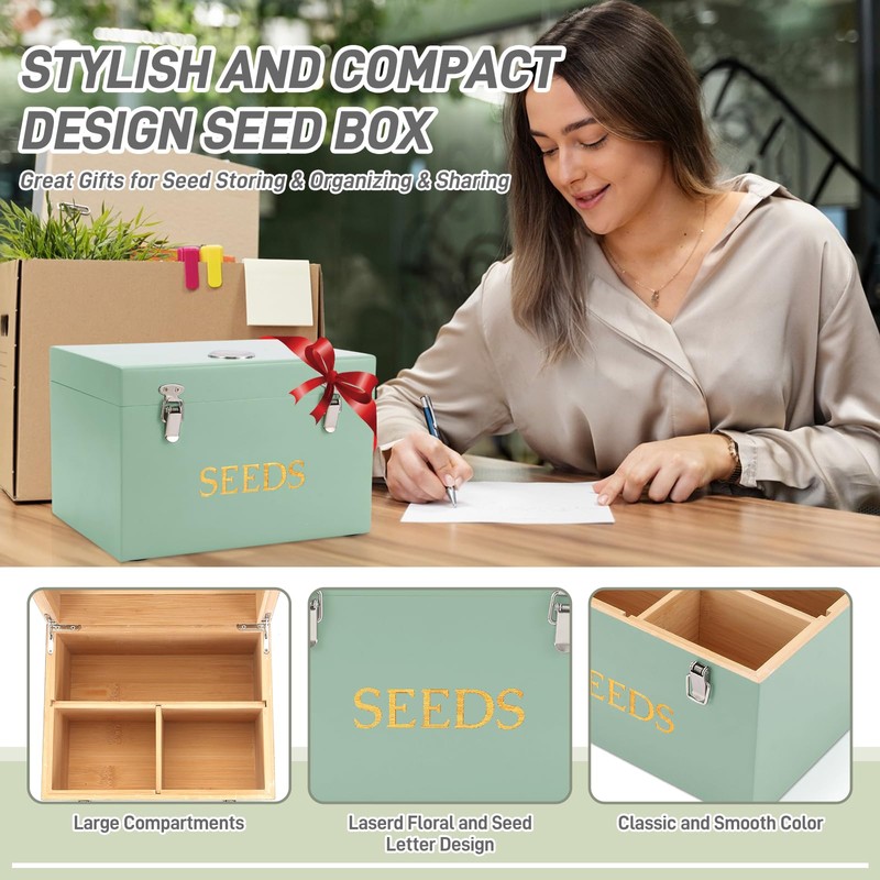 Professional-Designed Bamboo Seed Storage Box with Built-in Hygrometer, Double-Layer Airtight