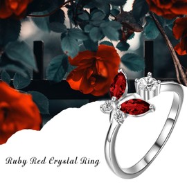 Sterling Silver Butterfly Series Ring with Simulated Ruby Crystals, Anniversary Birthday Jewelry Gifts for Women Girls (Red, 7)