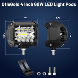 OfleGold 4 Inch 60W LED Light Pods 12V Triple Row Driving Fog Lamp Spot Flood Combo LED Work Light Pods for Truck Off Road Jeep SUV ATV UTV Pickup Golf Cart Boat, White Beam 2PCS