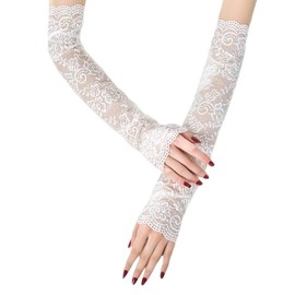 White Lace Rose Gloves - Women's Bridal & Wedding Long Fingerless Sheer Lace Gloves