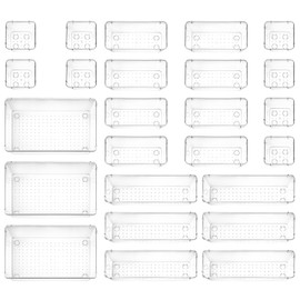Emporio Kitchen Drawer Organizer Set - Includes 3-piece 9x6 bins, 6-piece 9x3 bins, 8-piece 6x3 Bins, 8-piece 3x3 Bins, Stackable 4 Size Storage Trays for Makeup, Kitchen, and Office, Pack of 25