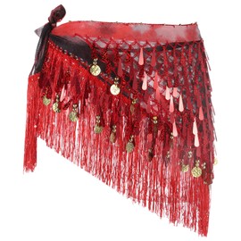 MECCANIXITY Belly Dance Hip Scarf with Tassels Sequins Women's Gradient Triangle Wrap Skirt with Coins for Music Festival Party Costume Performance(Red)