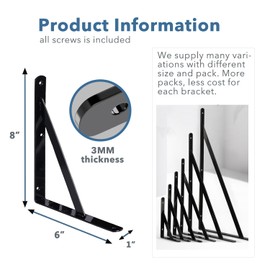 Shelf Brackets 8 Pack 8 inch Heavy Duty Brackets for Shelf 8"x6" Metal L Brackets Black Iron Wall Mount Shelf Brackets Screw Included