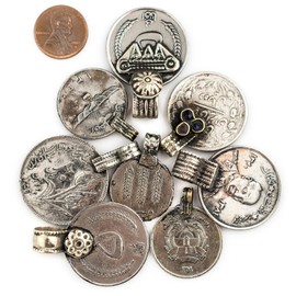 TheBeadChest Large Vintage Afghan Coin Pendants Set of 8 Afghanistan Silver White Metal Large Hole