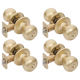 Designers Impressions Bedford Design Satin Brass Round Entry Door Knob, 4 Pack - Keyed Alike