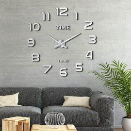 Comius Sharp Modern 3D Wall Clock, Large, DIY Frameless Wall Clock for Sticking, Clock, Silent Wall Sticker, Decoration, Gift Idea for Kitchen, Living Room, Bedroom, Removable (Silver)