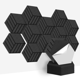 Art3d 12 Pcs Hexagon Acoustic Panels, High Density Sound Absorbing Panels, Soundproof Wall Panels For Home, Sound Insulation Beveled Edge Tiles, Black-Cube