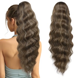 Flufymooz Ponytail Extension, 26 Inch Wavy Drawstring Ponytail Long Ponytail Hair Extension Soft Synthetic Hairpiece for Women Deep Brown with Dirty Blonde