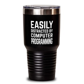 ODDITEES Funny Computer Programmer Tumbler Easily Distracted By Computer Programming Tumbler 30oz Stainless Steel Black