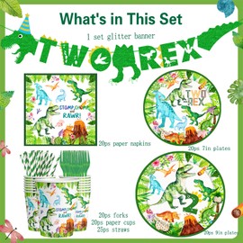 126pcs Two Rex Birthday Decorations Boy Watercolor Dinosaur Party Supplies include Plates Napkins Cups Trex Banner Forks Straws for Boys 2nd Birthday Dinosaur Party Supplies Decorations