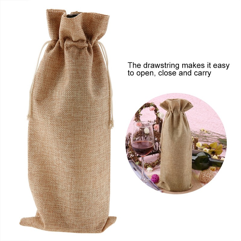 12pcs Simple Linen Fabric Wine Bag with Drawstring Champagne Decorative